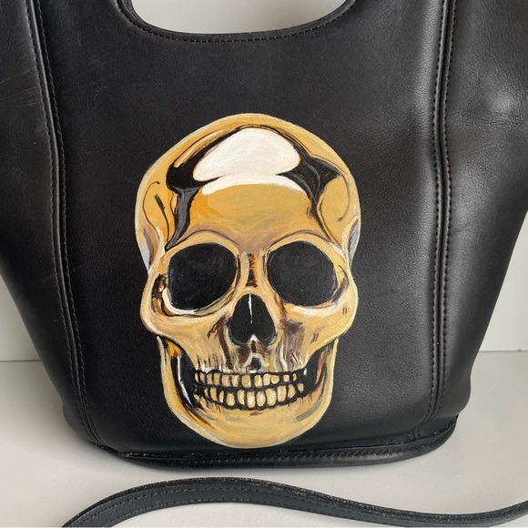 Coach Black Leather Gold Skull Skeleton Shopper Tote 9993 Bag Crossbody handbag - Picture 5 of 16